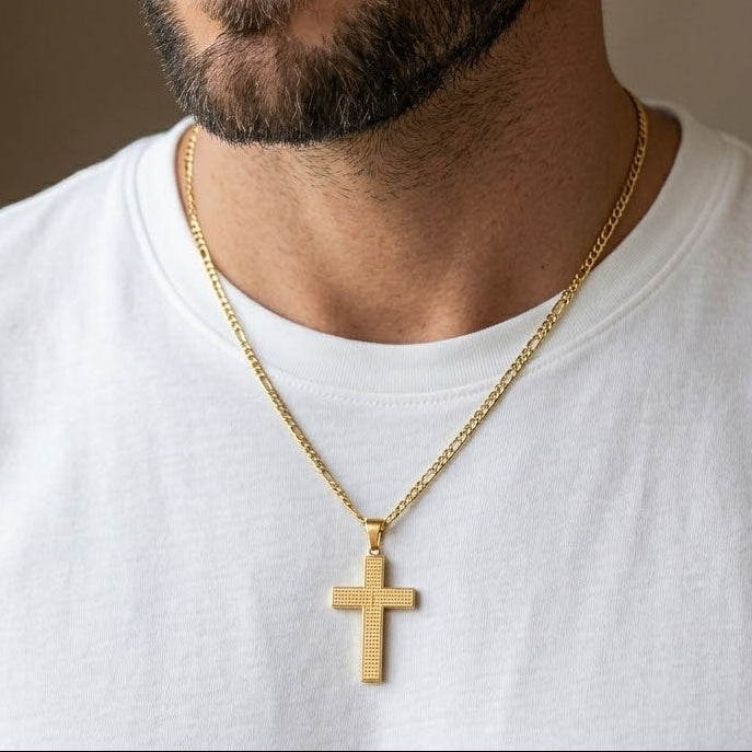 Cadena Figaro Hombre + Dije Cruz Padre Nuestro